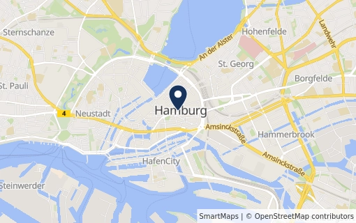 SmartMaps Kartenausschnitt der Stadt Hamburg mit einem Standortmarker am Hafen. 